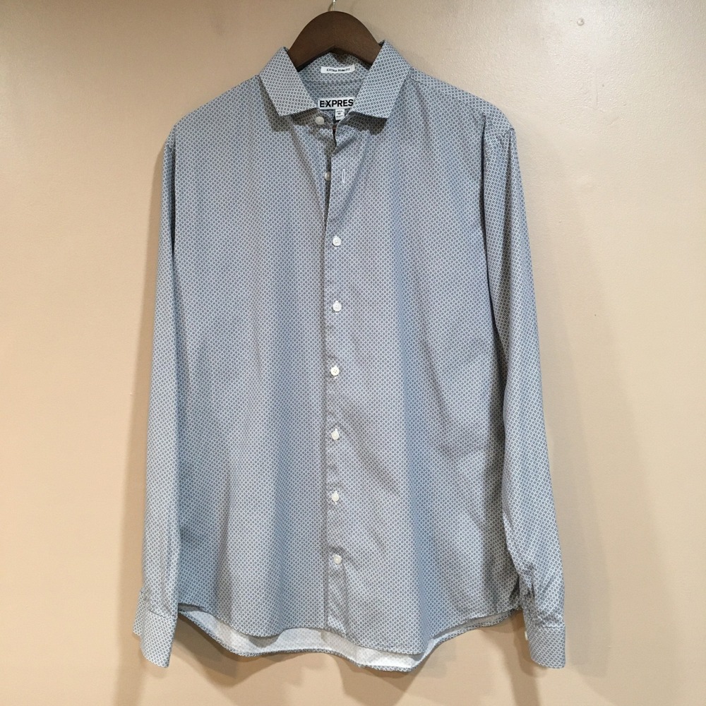 Express Extra Slim Fit Button Down Shirt Mens XL 17 Blue Ditsy Geometric Office